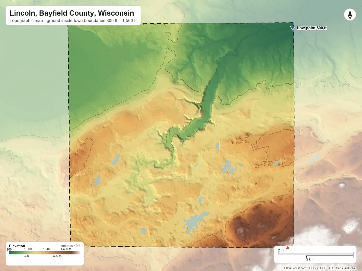 Topographic elevation map of Lincoln, Bayfield County, Wisconsin, shaded from 800 ft on the northeast side to 1,560 ft on the southeast side