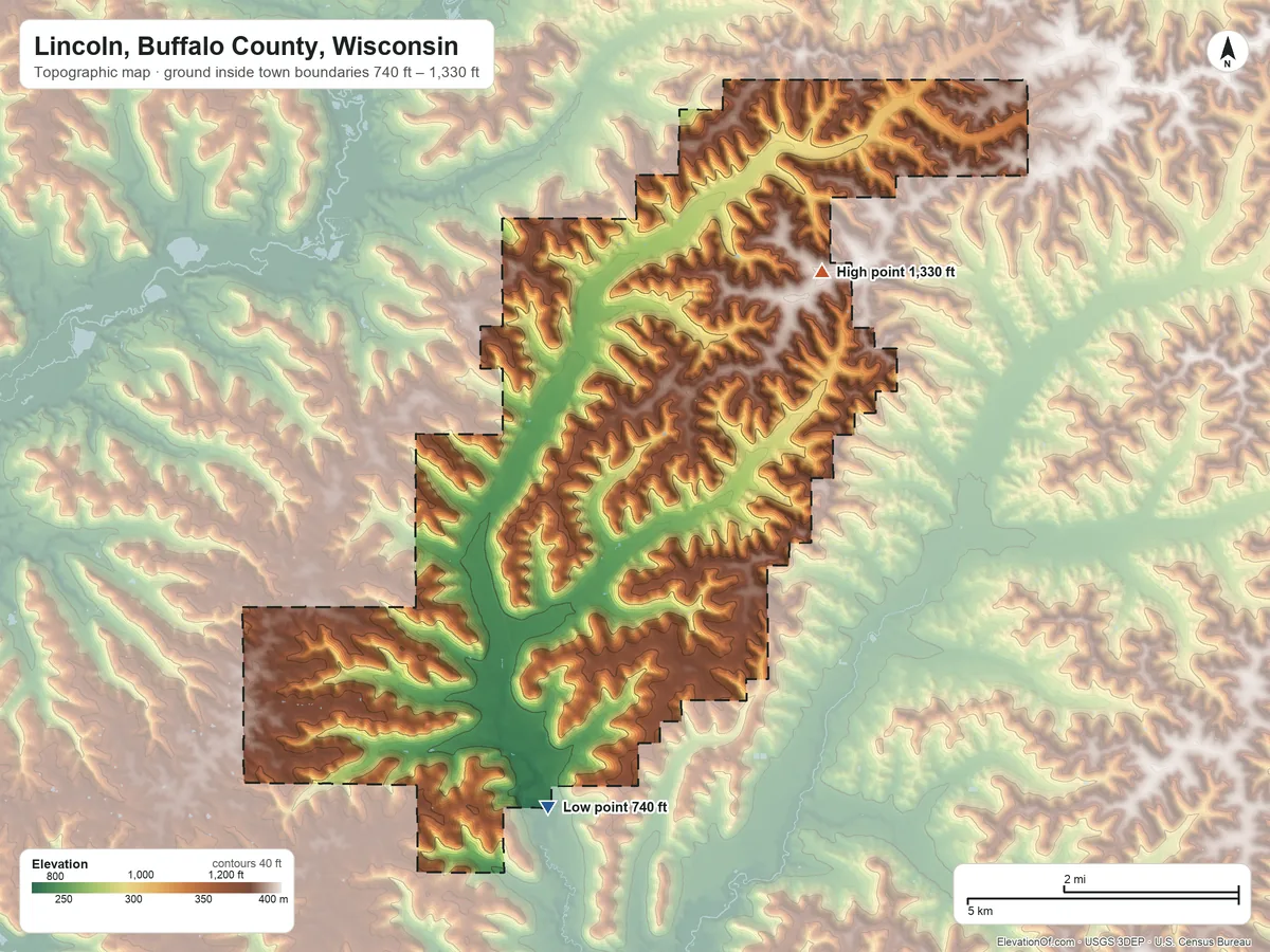 Topographic elevation map of Lincoln, Buffalo County, Wisconsin, shaded from 740 ft on the south side to 1,330 ft on the northeast side