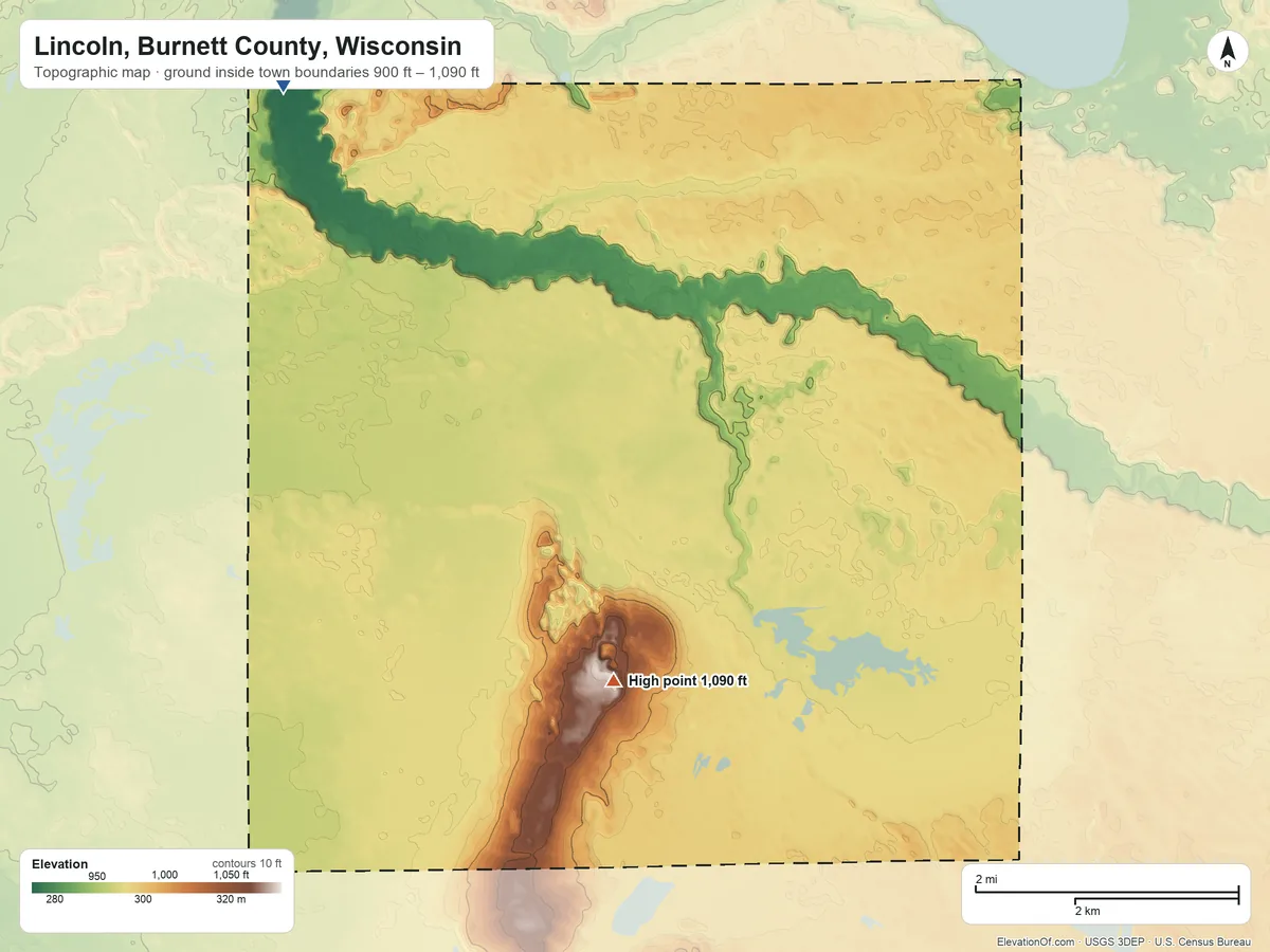 Topographic elevation map of Lincoln, Burnett County, Wisconsin, shaded from 900 ft on the northwest side to 1,090 ft on the southwest side