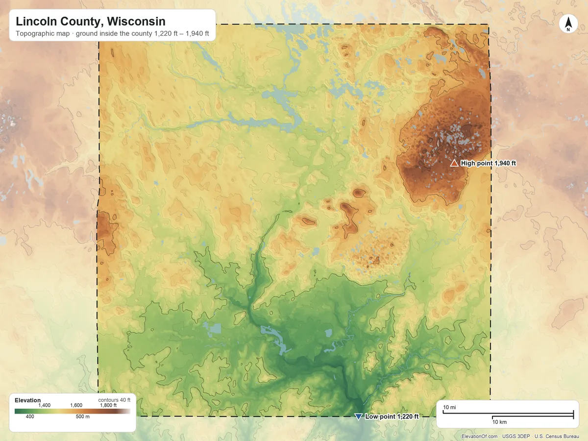 Topographic elevation map of Lincoln County, Wisconsin, shaded from 1,220 ft on the south side to 1,940 ft on Lookout Mountain