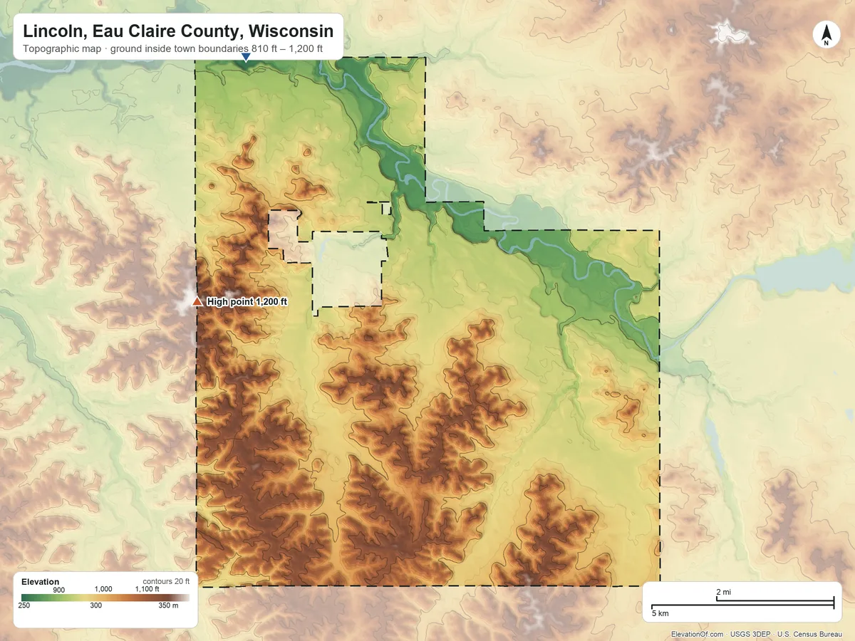 Topographic elevation map of Lincoln, Eau Claire County, Wisconsin, shaded from 810 ft on the northwest side to 1,200 ft on the west side