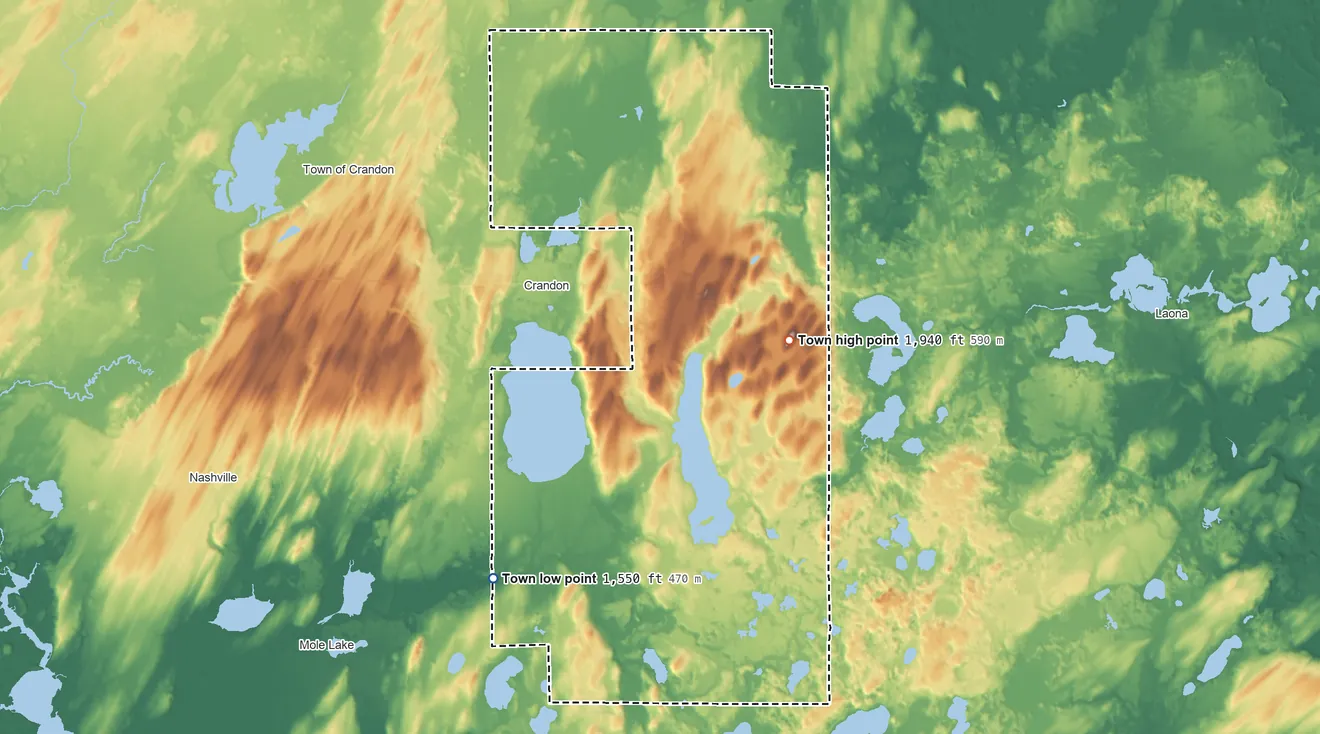 Topographic elevation map of Lincoln, Forest County, Wisconsin, shaded from 1,550 ft on the southwest side to 1,940 ft on Sugarbush Hill