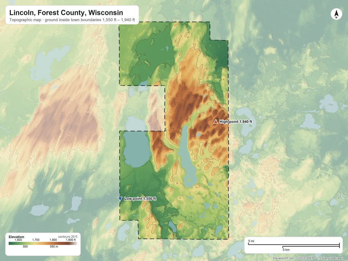 Topographic elevation map of Lincoln, Forest County, Wisconsin, shaded from 1,550 ft on the southwest side to 1,940 ft on Sugarbush Hill