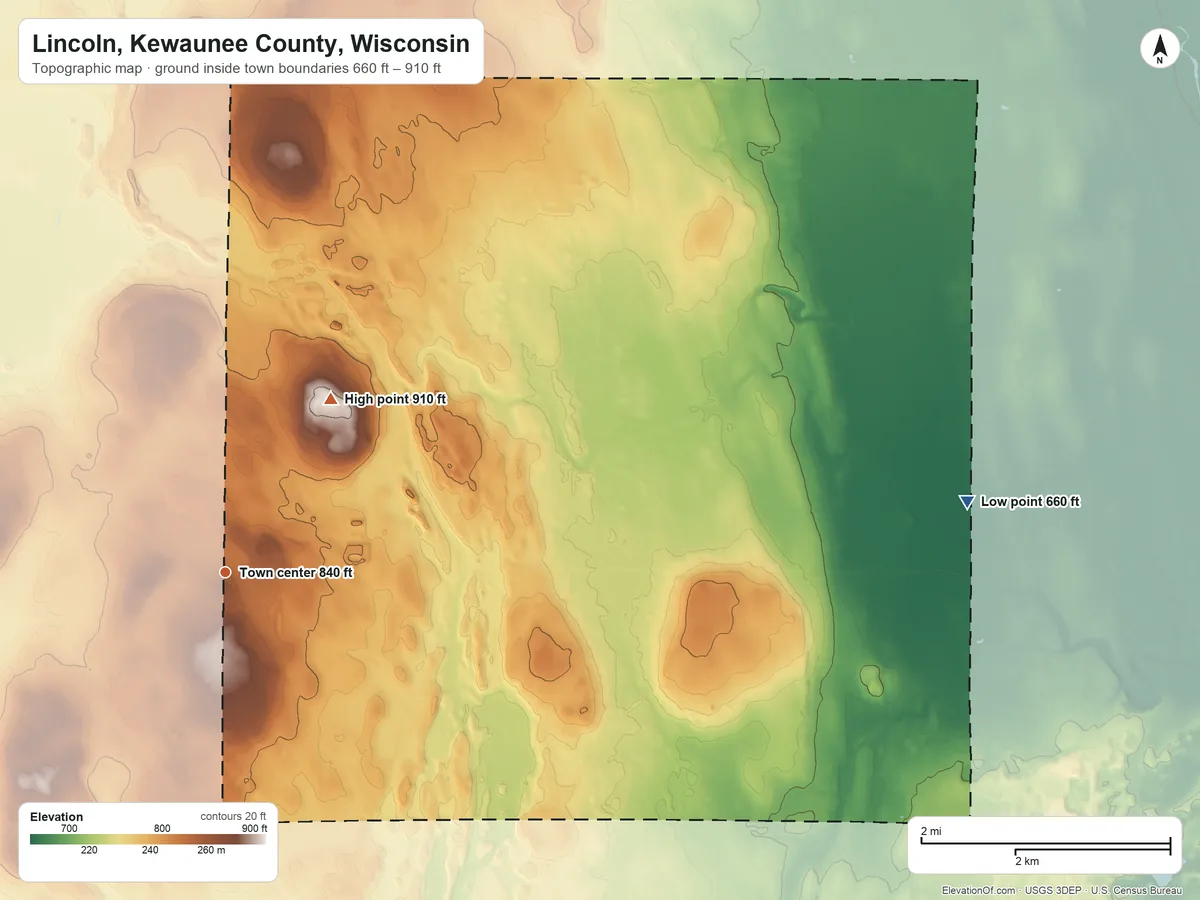 Topographic elevation map of Lincoln, Kewaunee County, Wisconsin, shaded from 660 ft on the east side to 910 ft on Dhuey Hill