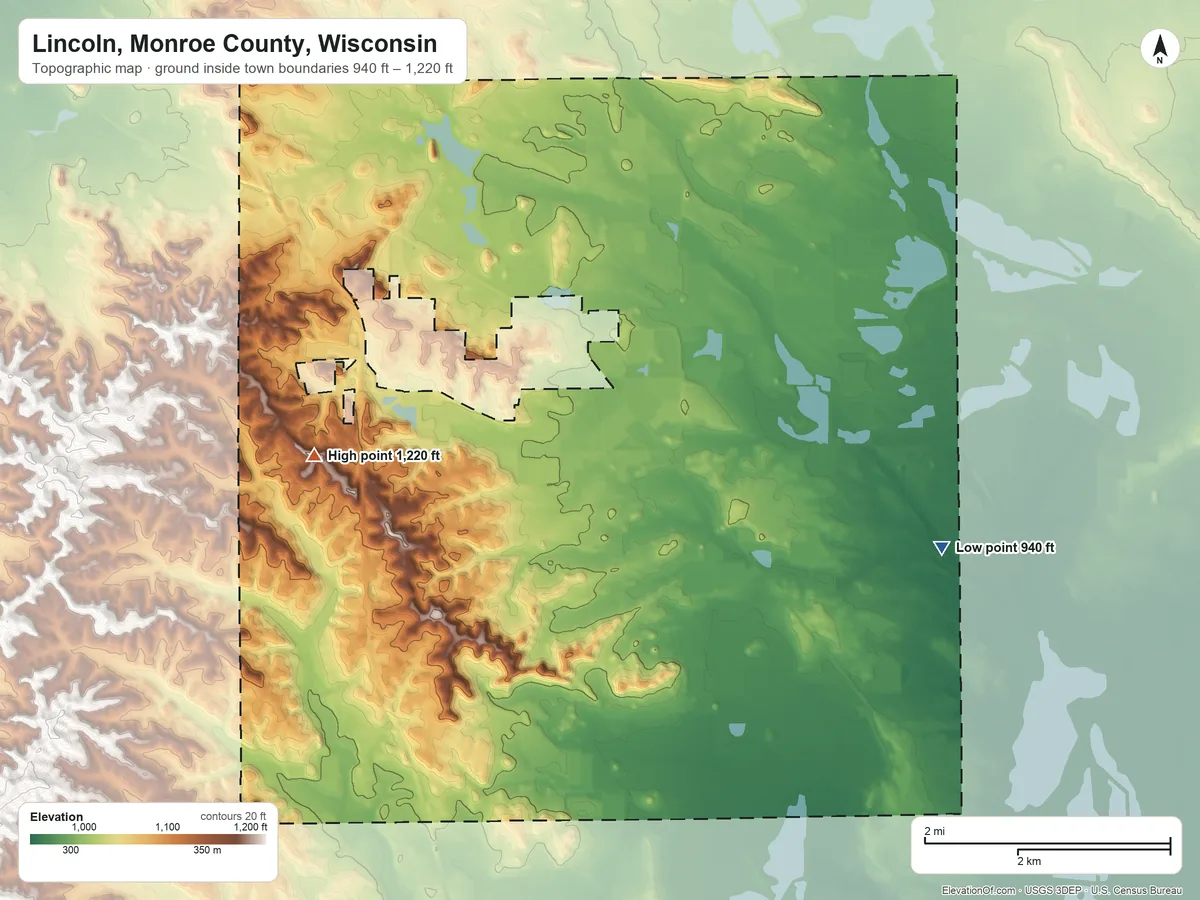 Topographic elevation map of Lincoln, Monroe County, Wisconsin, shaded from 940 ft on the east side to 1,220 ft on the west side
