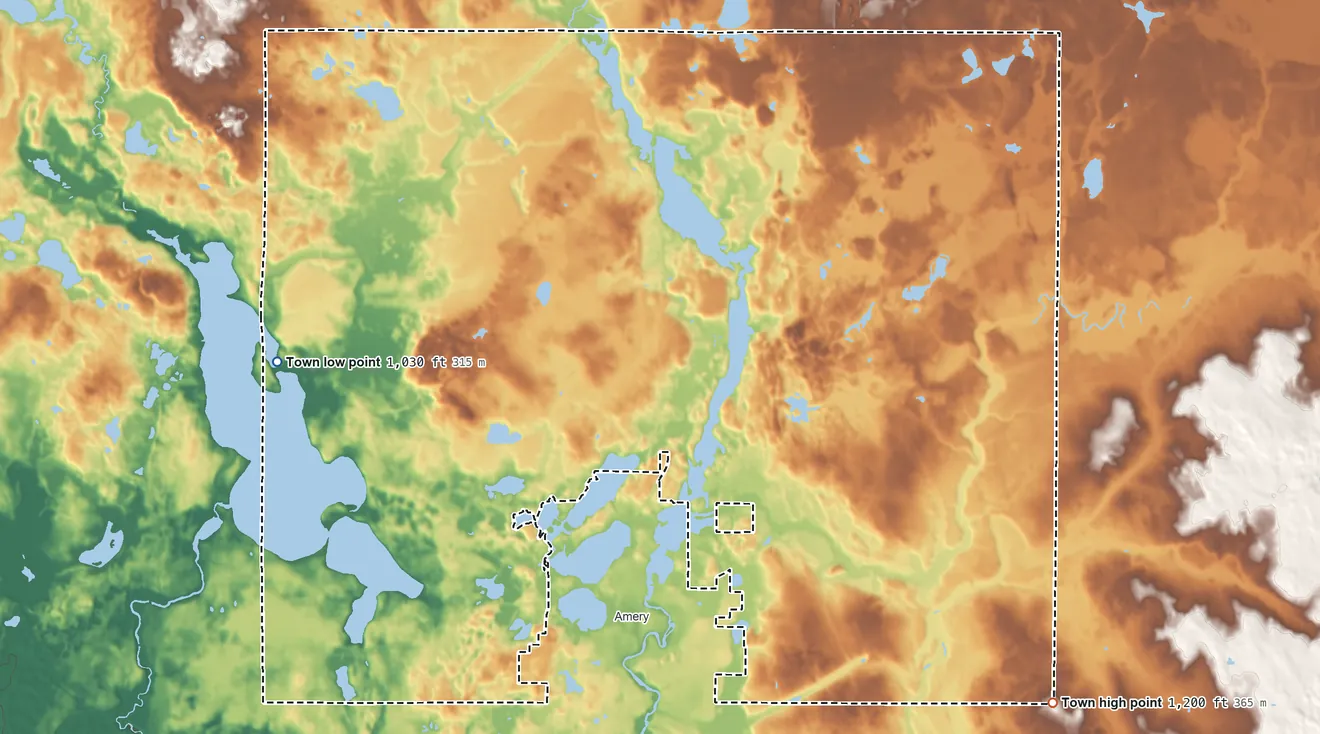 Topographic elevation map of Lincoln, Polk County, Wisconsin, shaded from 1,030 ft on the west side to 1,200 ft on the southeast side