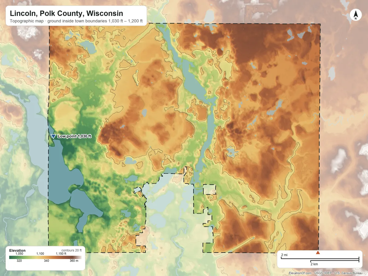 Topographic elevation map of Lincoln, Polk County, Wisconsin, shaded from 1,030 ft on the west side to 1,200 ft on the southeast side