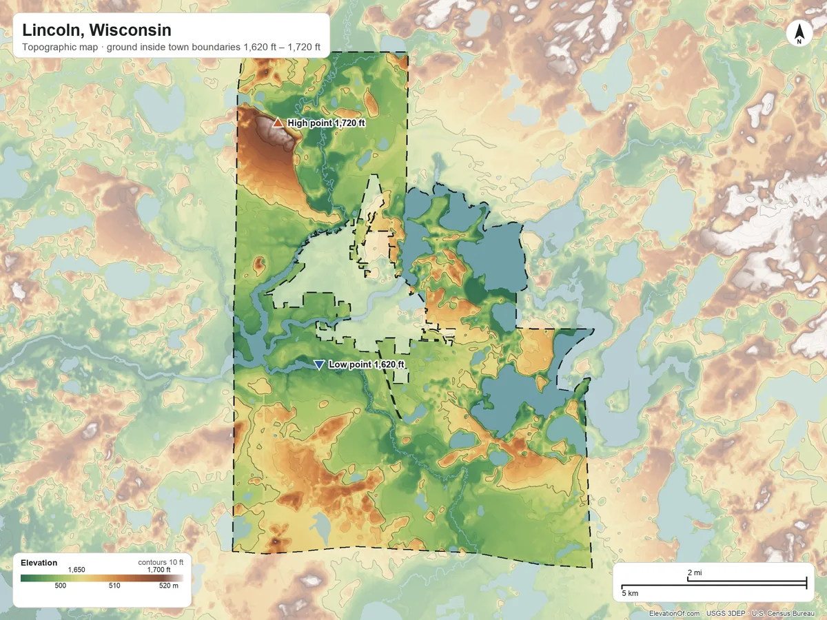 Topographic elevation map of Lincoln, Wisconsin, shaded from 1,620 ft on the west side to 1,720 ft on the northwest side
