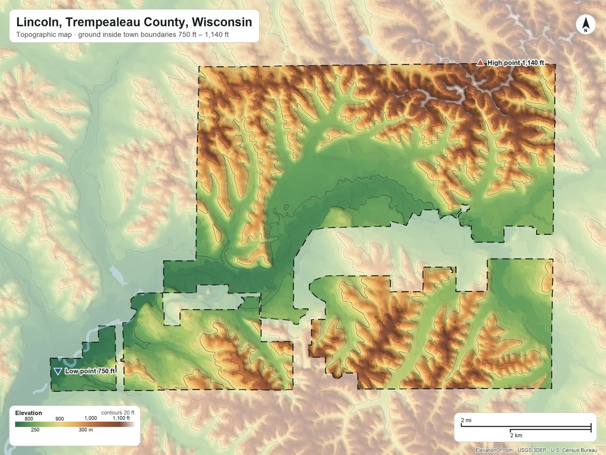 Topographic elevation map of Lincoln, Trempealeau County, Wisconsin, shaded from 750 ft on the southwest side to 1,140 ft on the northeast side
