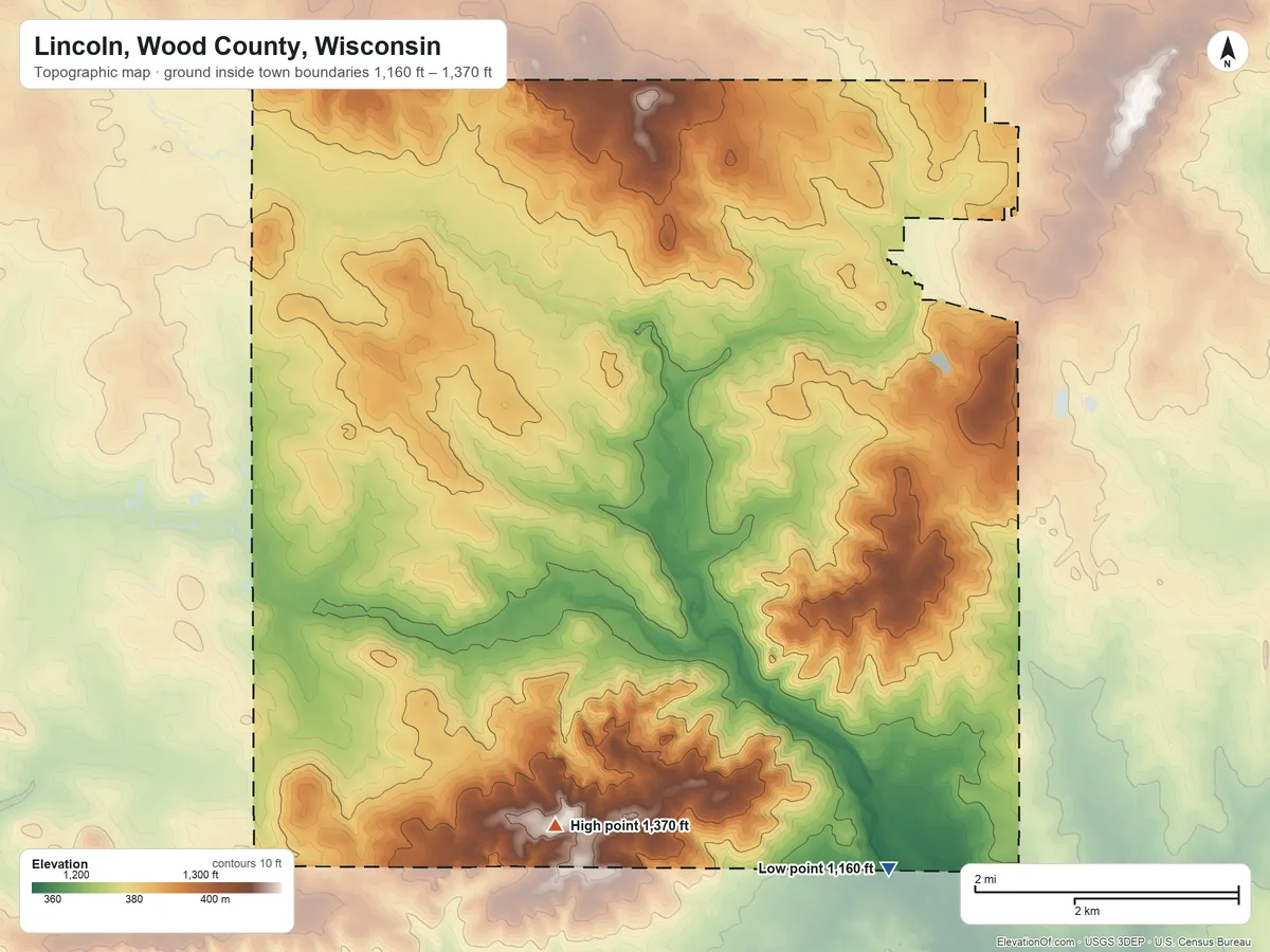 Topographic elevation map of Lincoln, Wood County, Wisconsin, shaded from 1,160 ft on the southeast side to 1,370 ft on the southwest side