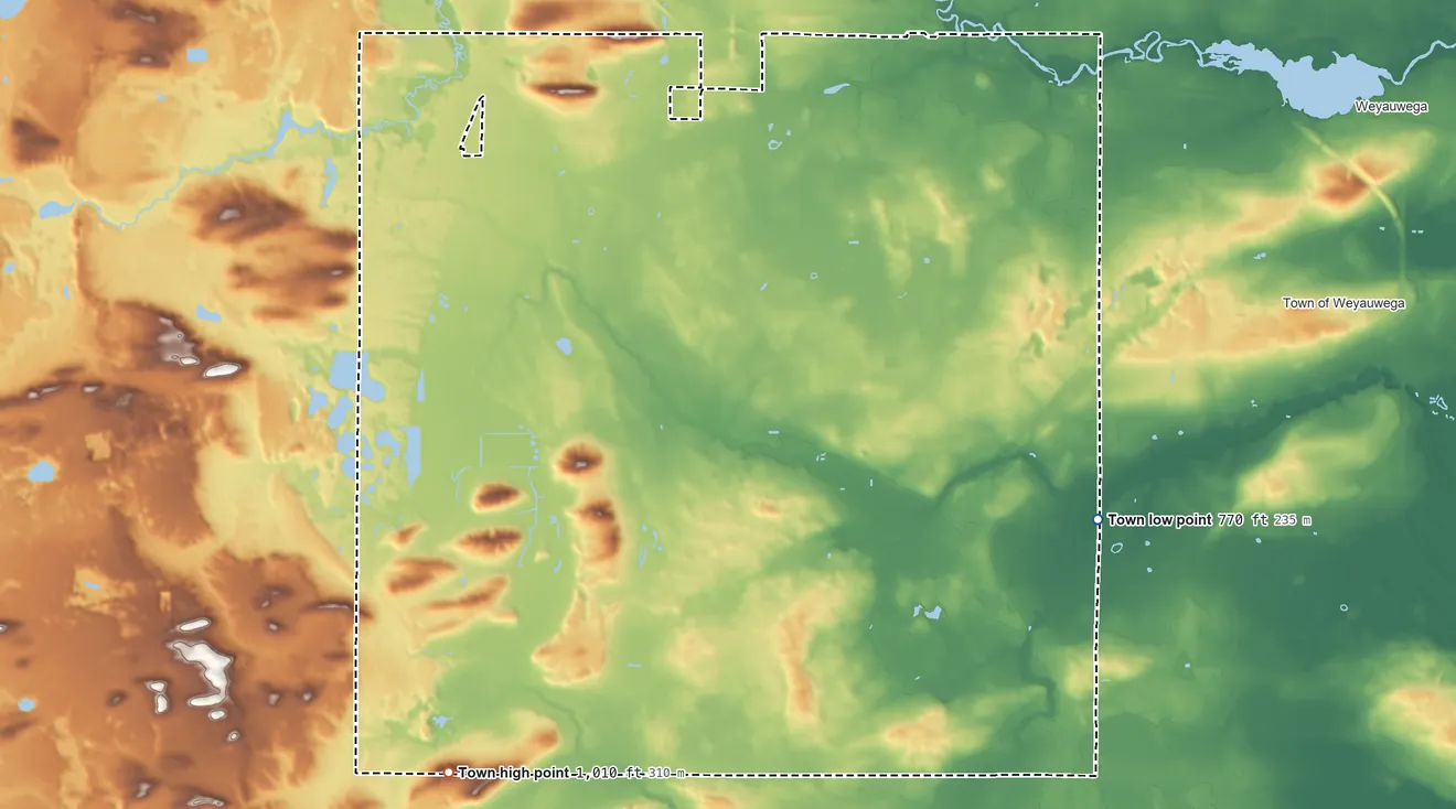 Topographic elevation map of Lind, Wisconsin, shaded from 770 ft on the east side to 1,010 ft on the south side