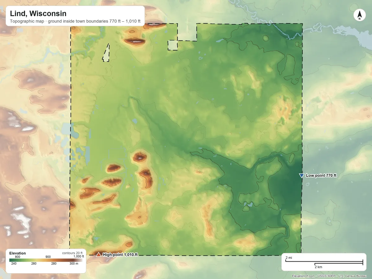 Topographic elevation map of Lind, Wisconsin, shaded from 770 ft on the east side to 1,010 ft on the south side
