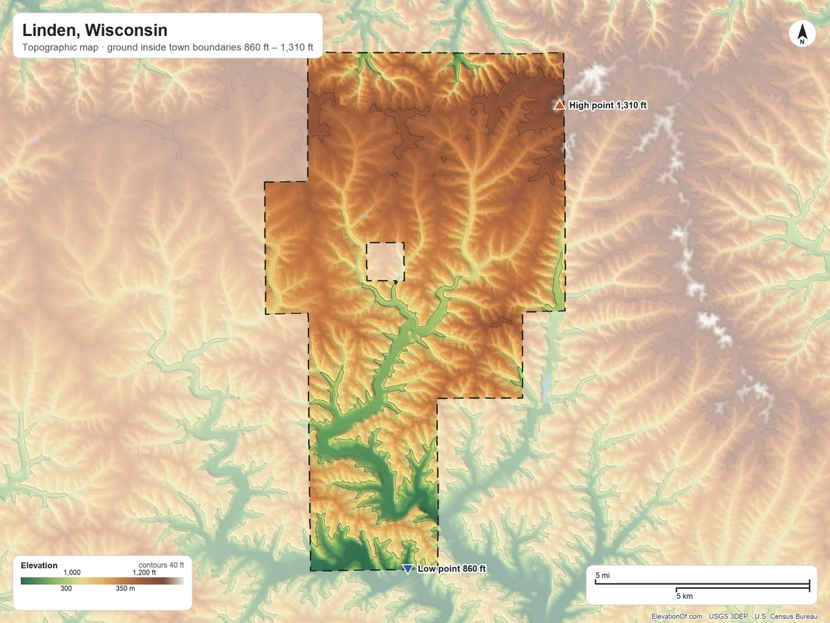 Topographic elevation map of Linden, Wisconsin, shaded from 860 ft on the south side to 1,310 ft on the northeast side