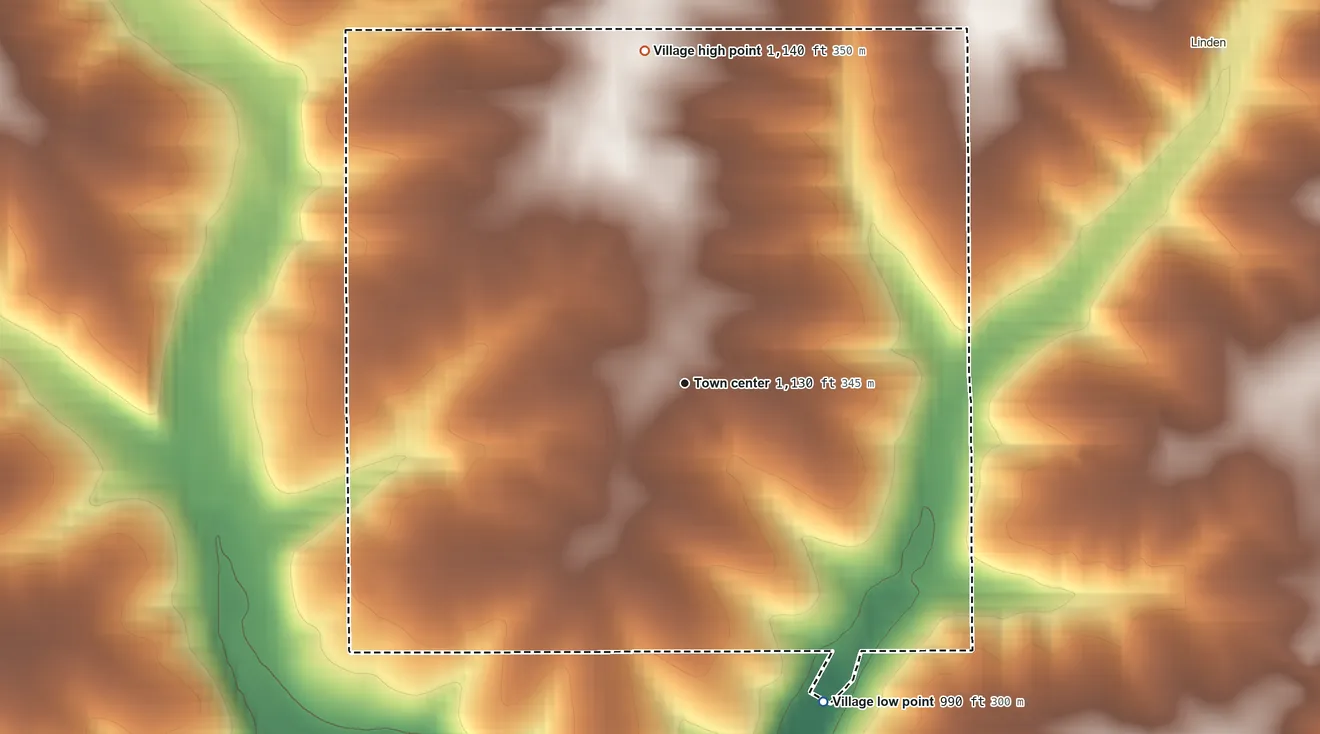 Topographic elevation map of Village of Linden, Wisconsin, shaded from 990 ft on the southeast side to 1,140 ft on the north side