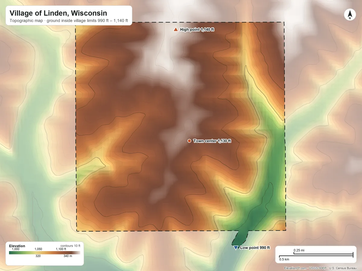 Topographic elevation map of Village of Linden, Wisconsin, shaded from 990 ft on the southeast side to 1,140 ft on the north side