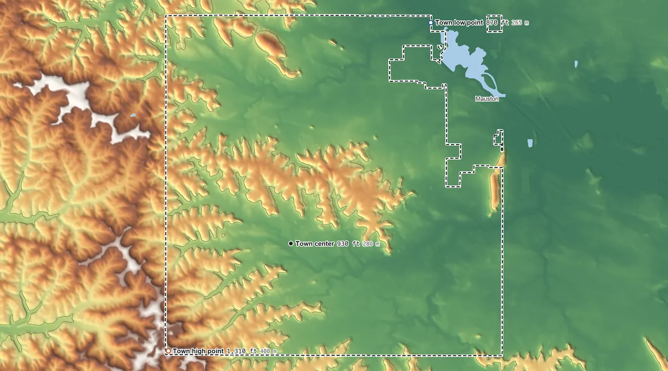 Topographic elevation map of Lindina, Wisconsin, shaded from 870 ft on the northeast side to 1,310 ft on the southwest side