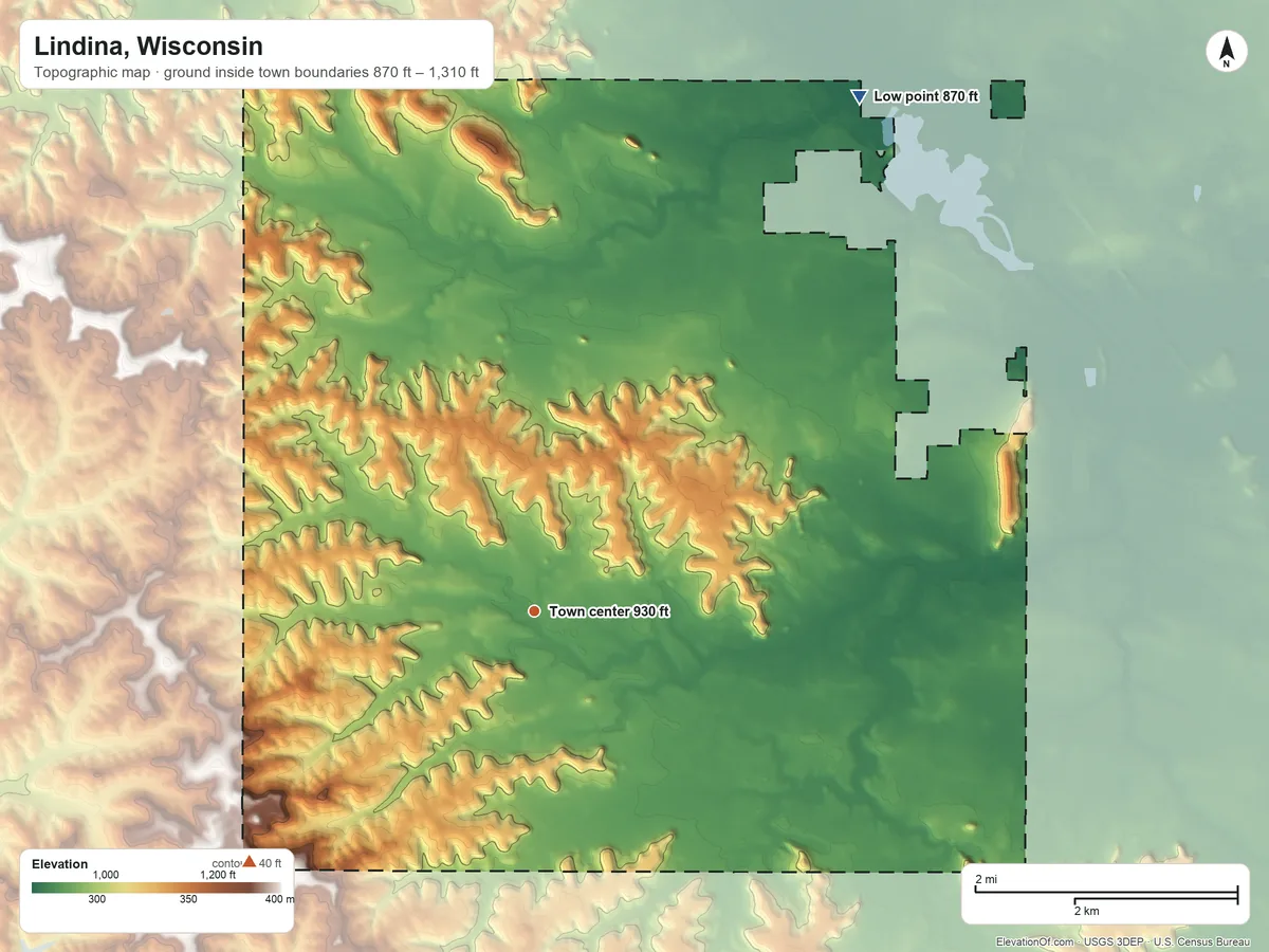 Topographic elevation map of Lindina, Wisconsin, shaded from 870 ft on the northeast side to 1,310 ft on the southwest side