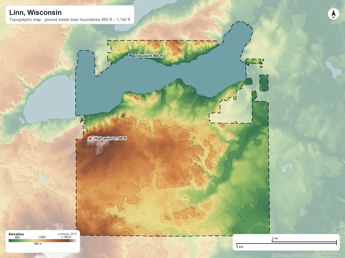 Topographic elevation map of Linn, Wisconsin, shaded from 860 ft on the northwest side to 1,140 ft on the west side