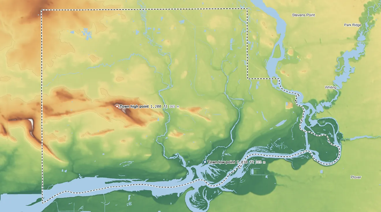 Topographic elevation map of Linwood, Wisconsin, shaded from 1,030 ft on the southeast side to 1,200 ft near the middle