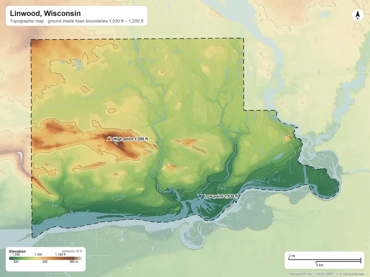 Topographic elevation map of Linwood, Wisconsin, shaded from 1,030 ft on the southeast side to 1,200 ft near the middle