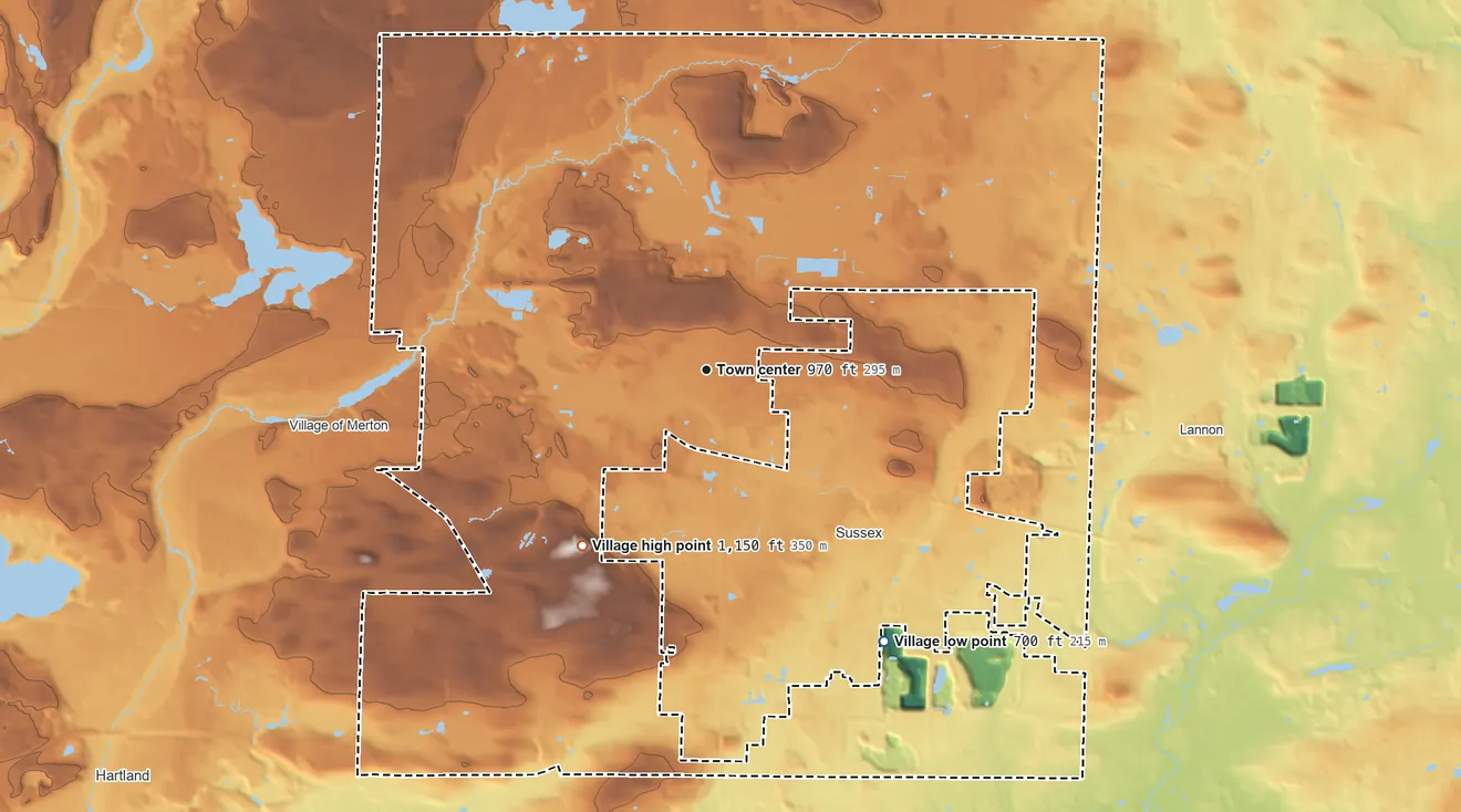 Topographic elevation map of Lisbon, Wisconsin, shaded from 700 ft on the southeast side to 1,150 ft on the southwest side