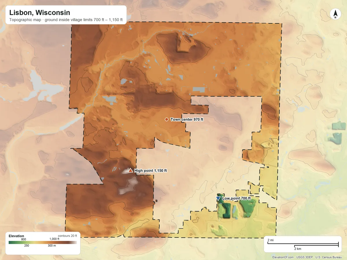 Topographic elevation map of Lisbon, Wisconsin, shaded from 700 ft on the southeast side to 1,150 ft on the southwest side