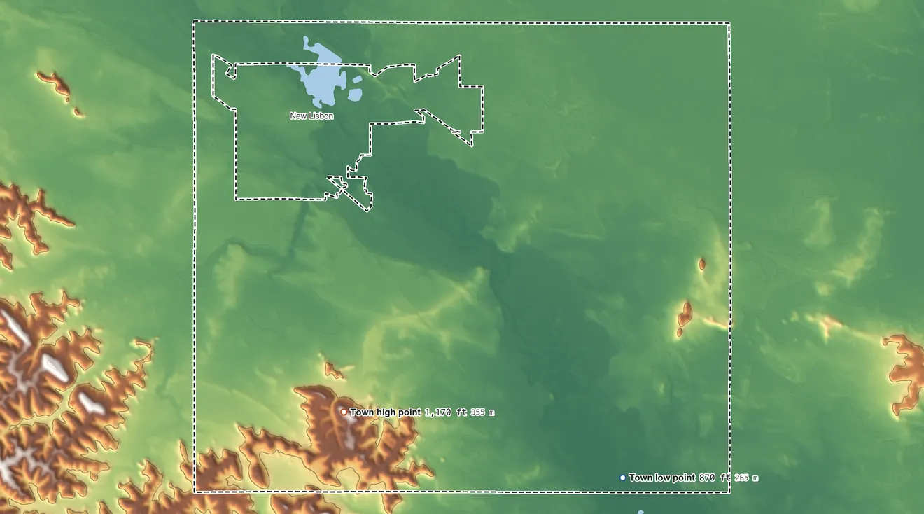 Topographic elevation map of Town of Lisbon, Wisconsin, shaded from 870 ft on the southeast side to 1,170 ft on the southwest side