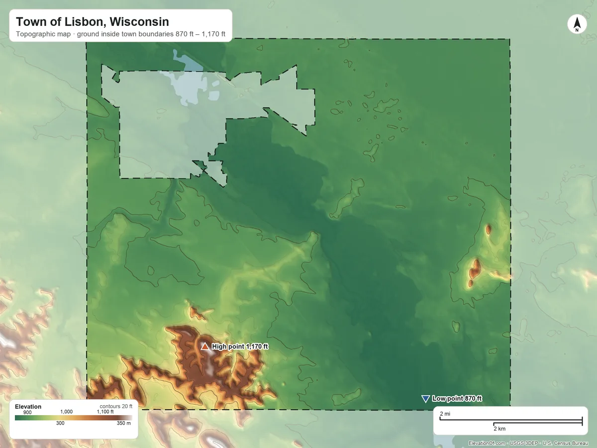 Topographic elevation map of Town of Lisbon, Wisconsin, shaded from 870 ft on the southeast side to 1,170 ft on the southwest side