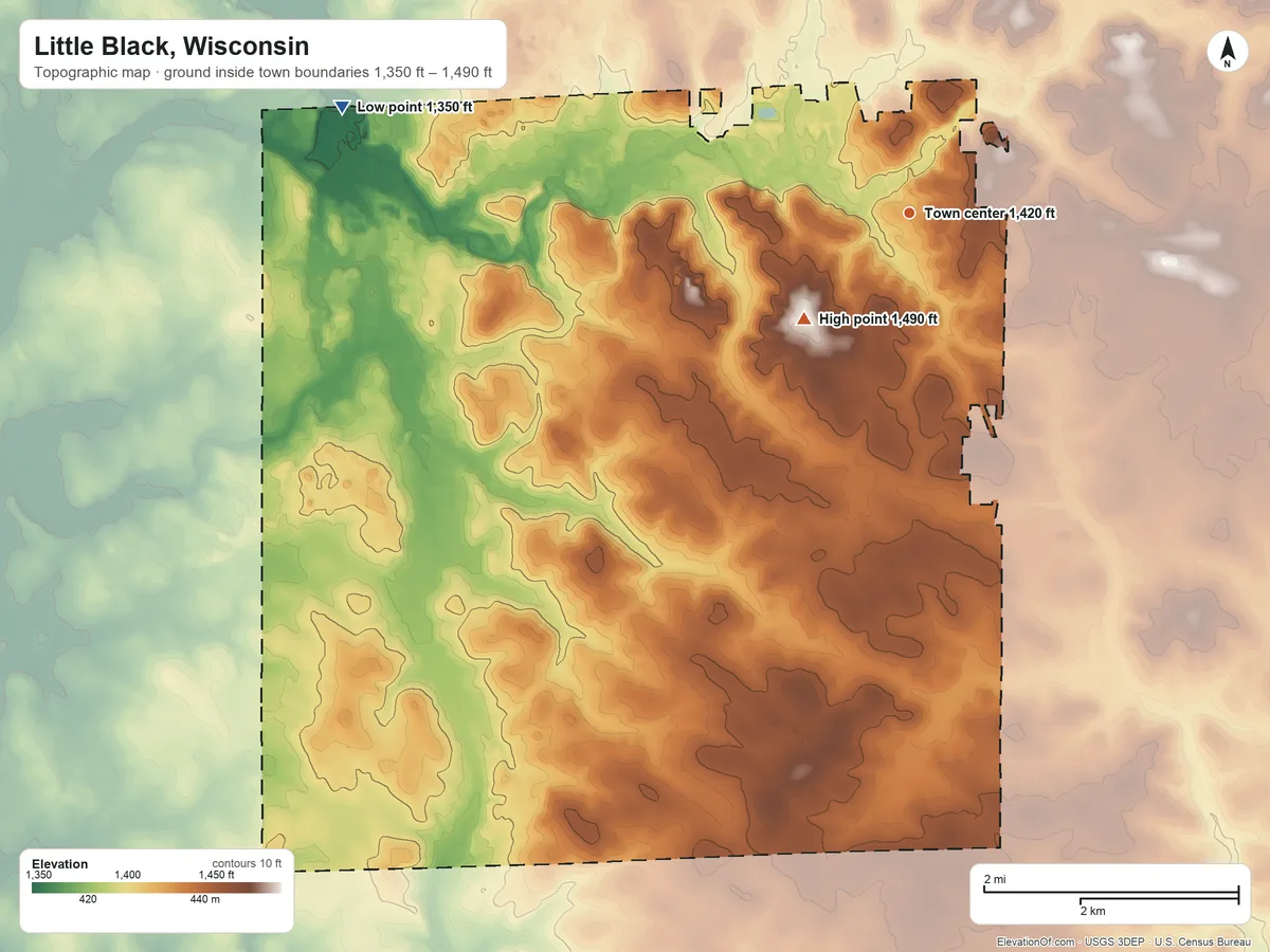 Topographic elevation map of Little Black, Wisconsin, shaded from 1,350 ft on the west side to 1,490 ft on the southwest side
