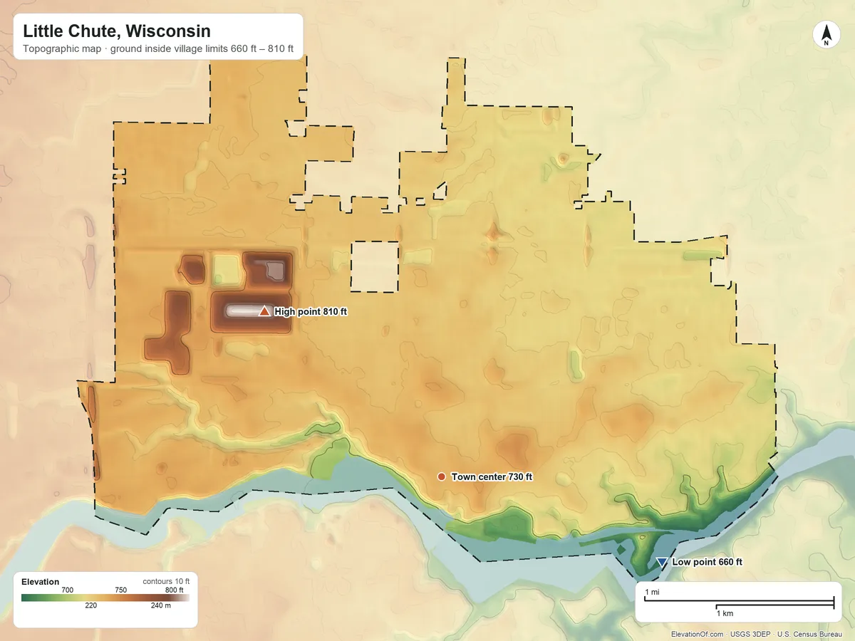 Topographic elevation map of Little Chute, Wisconsin, shaded from 660 ft on the east side to 810 ft on the northwest side