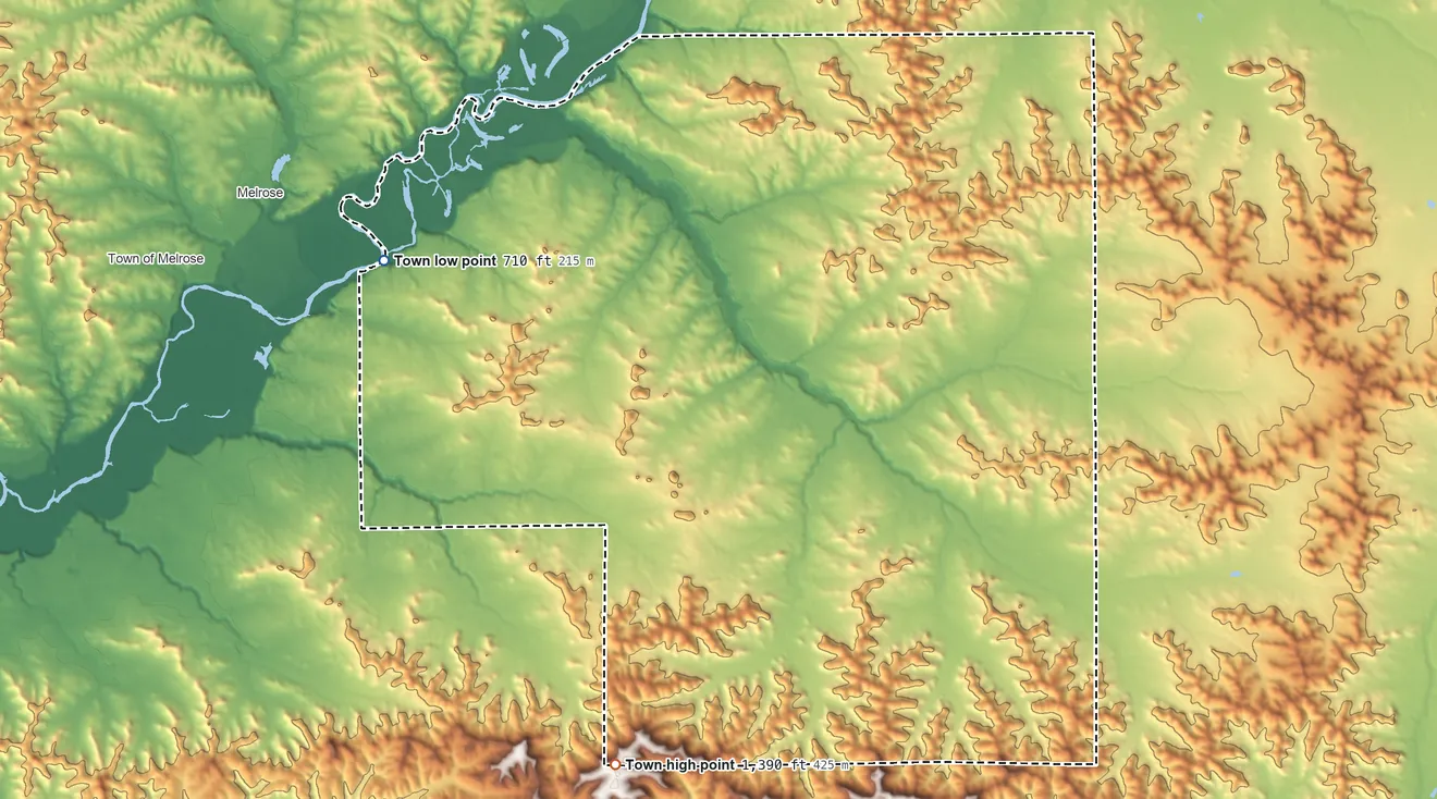 Topographic elevation map of Little Falls, Wisconsin, shaded from 710 ft on the northwest side to 1,390 ft on the southwest side