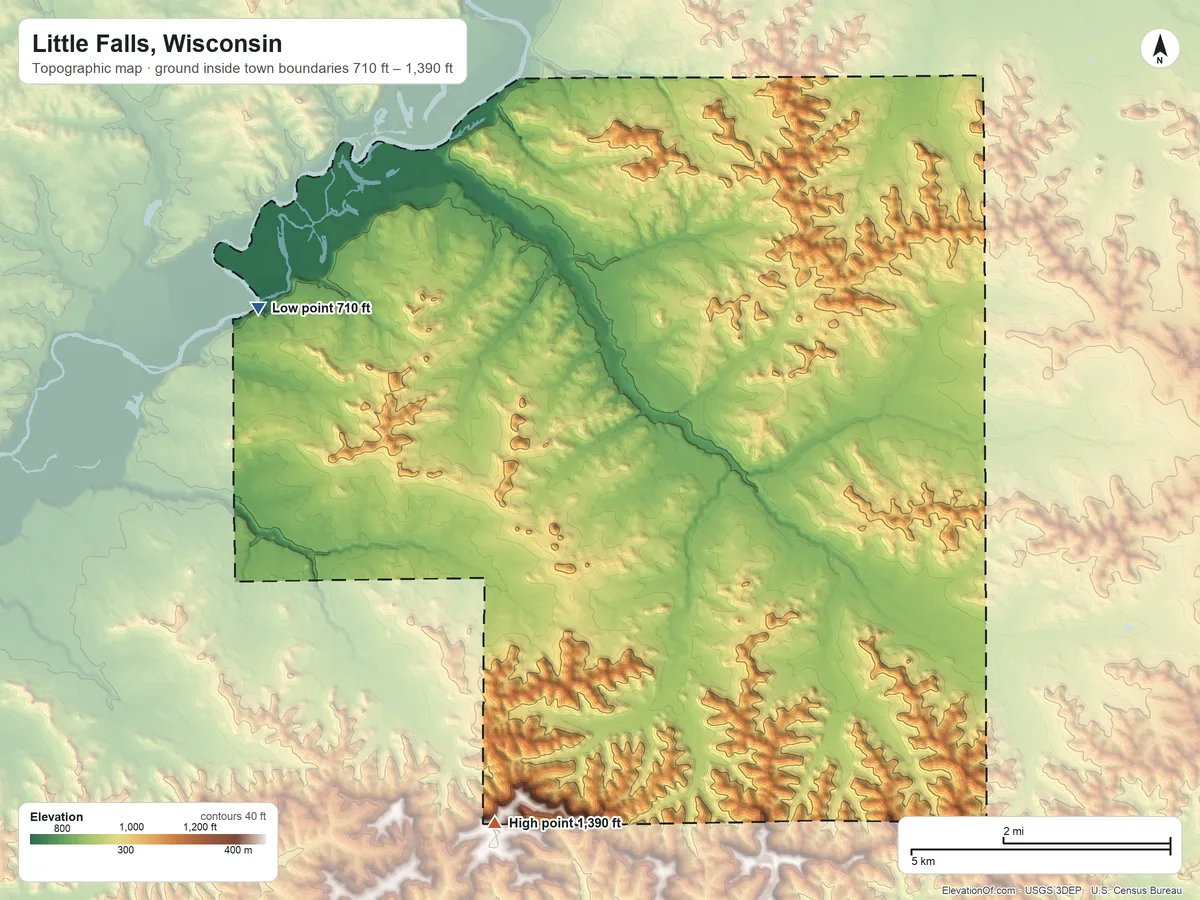 Topographic elevation map of Little Falls, Wisconsin, shaded from 710 ft on the northwest side to 1,390 ft on the southwest side