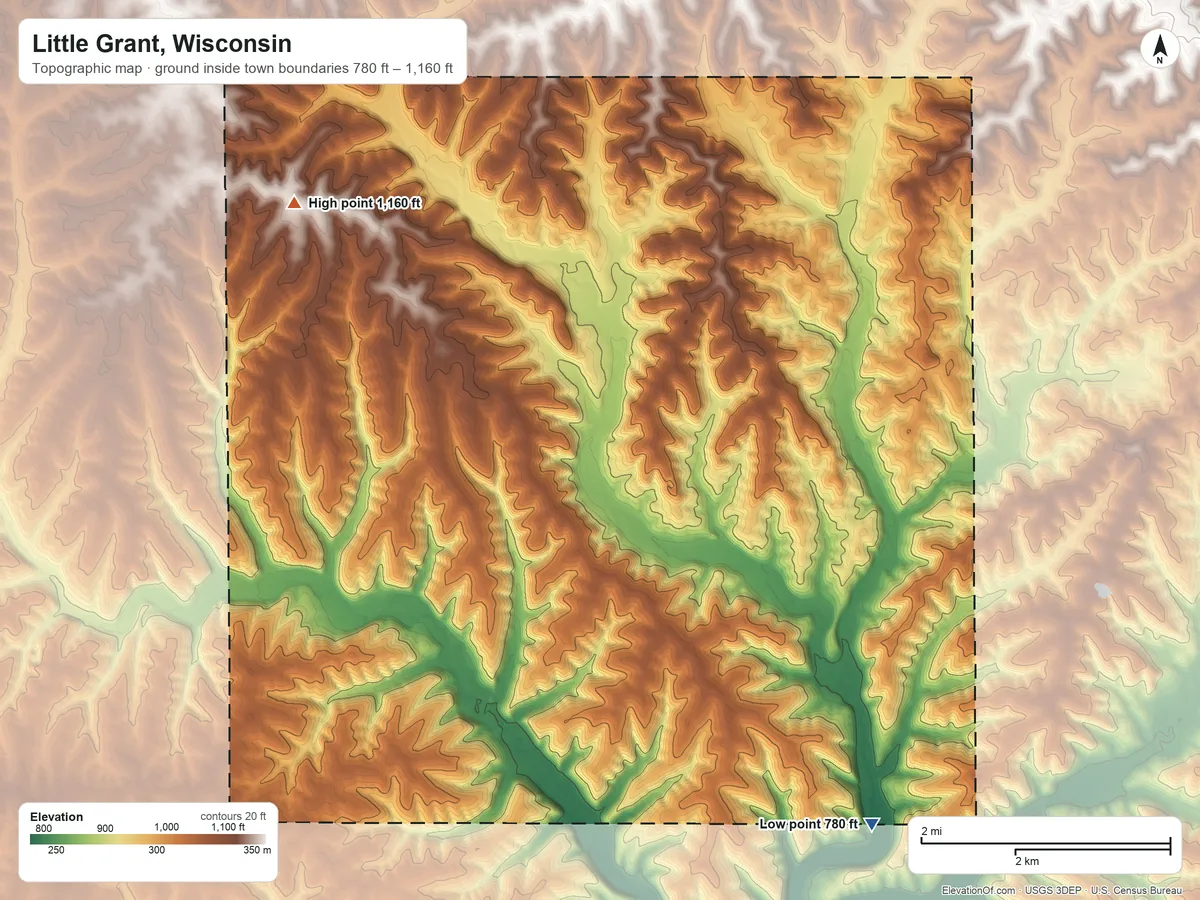 Topographic elevation map of Little Grant, Wisconsin, shaded from 780 ft on the southeast side to 1,160 ft on the northwest side