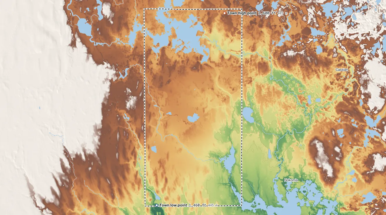 Topographic elevation map of Little Rice, Wisconsin, shaded from 1,460 ft on the southwest side to 1,600 ft on the north side
