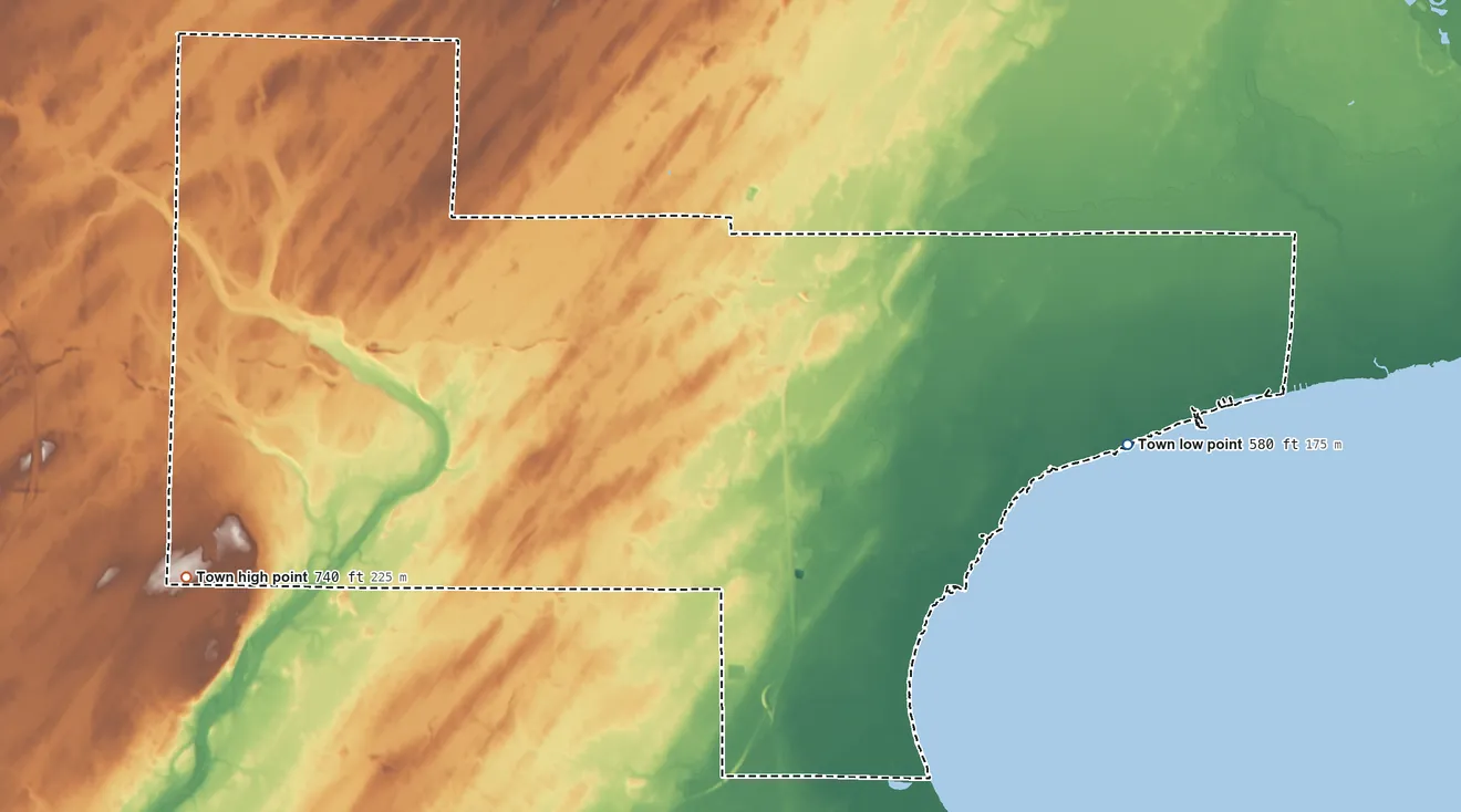 Topographic elevation map of Little River, Wisconsin, shaded from 580 ft on the east side to 740 ft on the southwest side