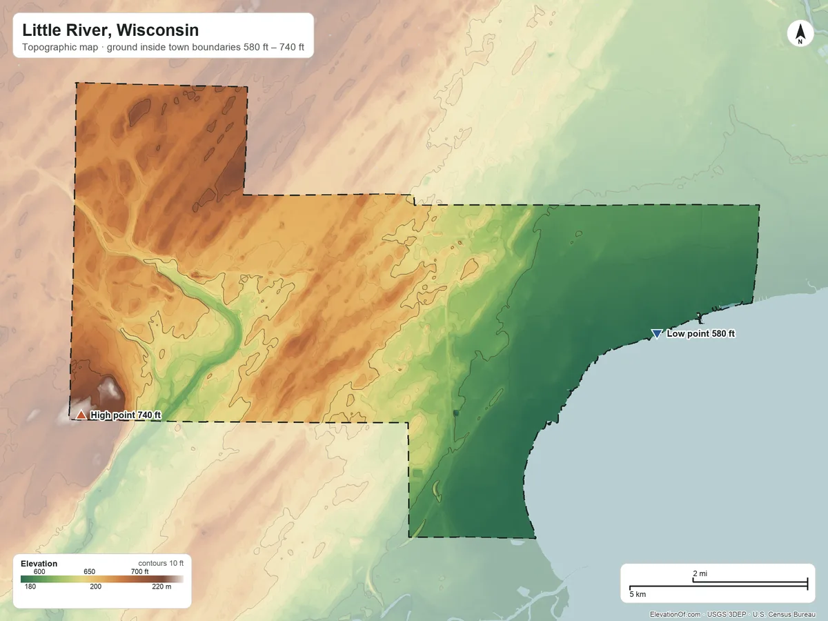 Topographic elevation map of Little River, Wisconsin, shaded from 580 ft on the east side to 740 ft on the southwest side