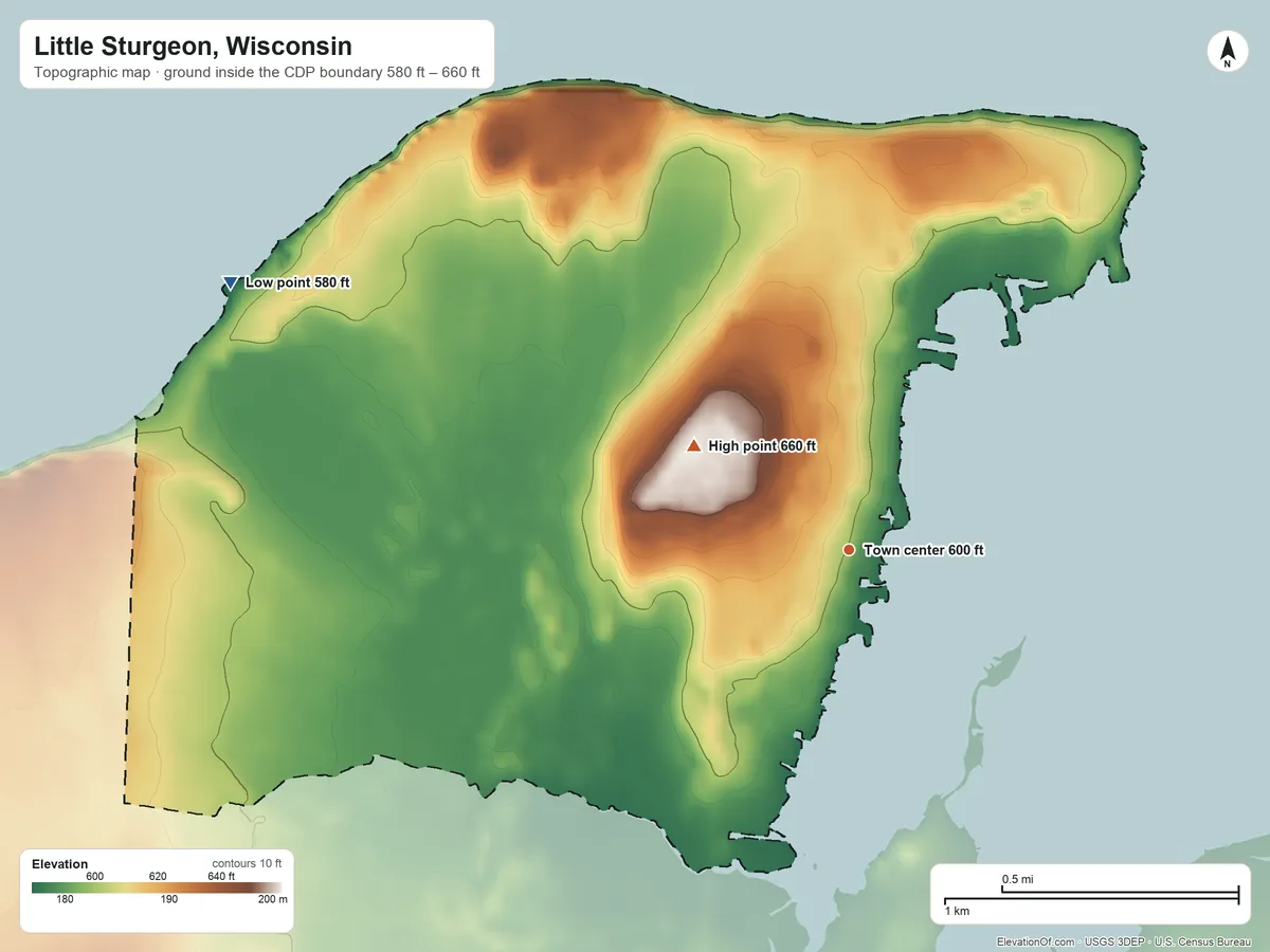 Topographic elevation map of Little Sturgeon, Wisconsin, shaded from 580 ft on the northwest side to 660 ft on the northwest side