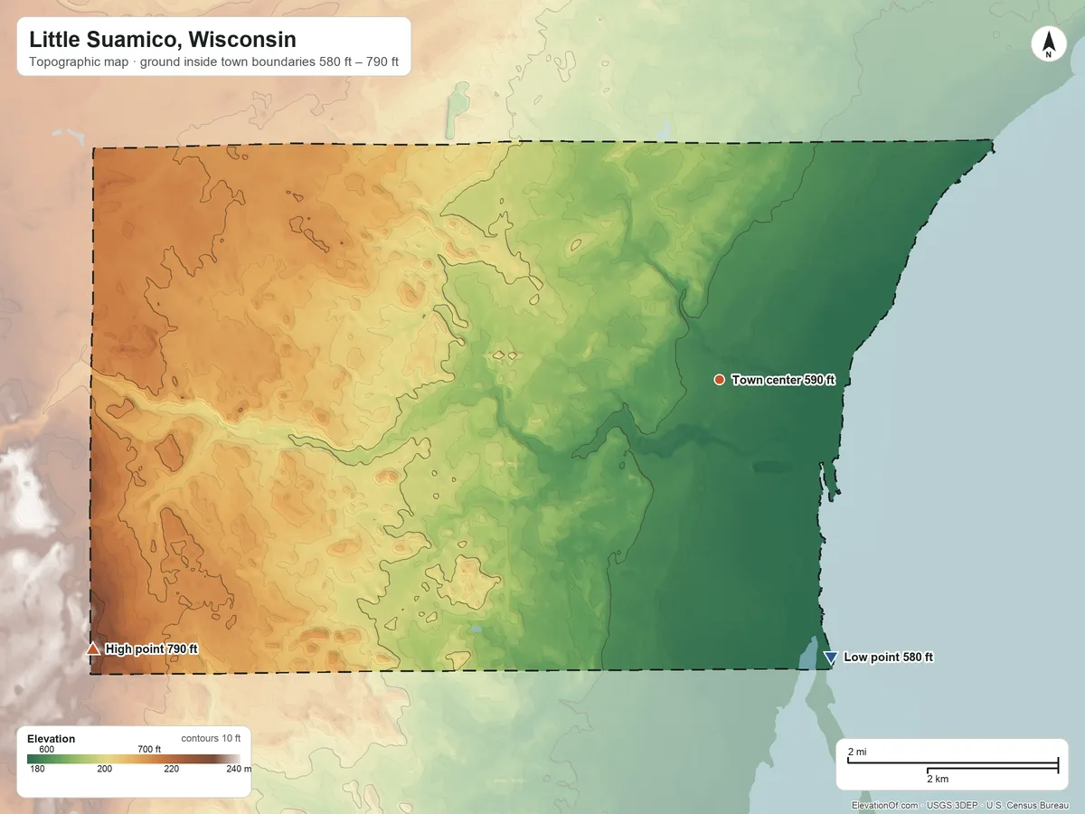 Topographic elevation map of Little Suamico, Wisconsin, shaded from 580 ft on the south side to 790 ft on the southwest side