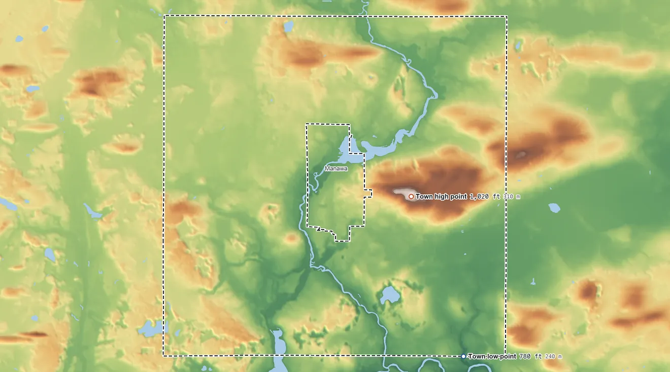 Topographic elevation map of Little Wolf, Wisconsin, shaded from 780 ft on the southeast side to 1,020 ft near the middle