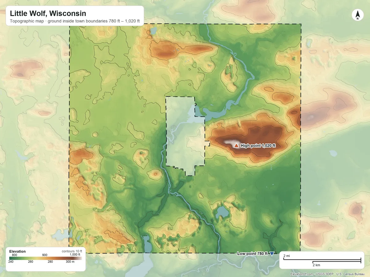 Topographic elevation map of Little Wolf, Wisconsin, shaded from 780 ft on the southeast side to 1,020 ft near the middle