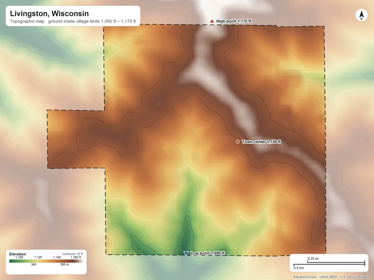 Topographic elevation map of Livingston, Wisconsin, shaded from 1,090 ft on the southwest side to 1,170 ft on the north side