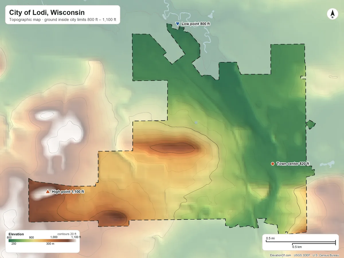 Topographic elevation map of City of Lodi, Wisconsin, shaded from 800 ft on the northwest side to 1,100 ft on the west side