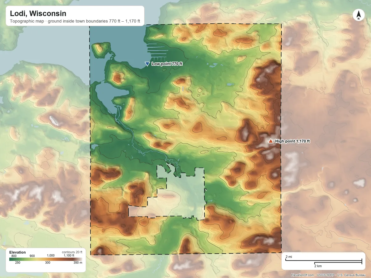 Topographic elevation map of Lodi, Wisconsin, shaded from 770 ft on the northwest side to 1,170 ft on the southeast side
