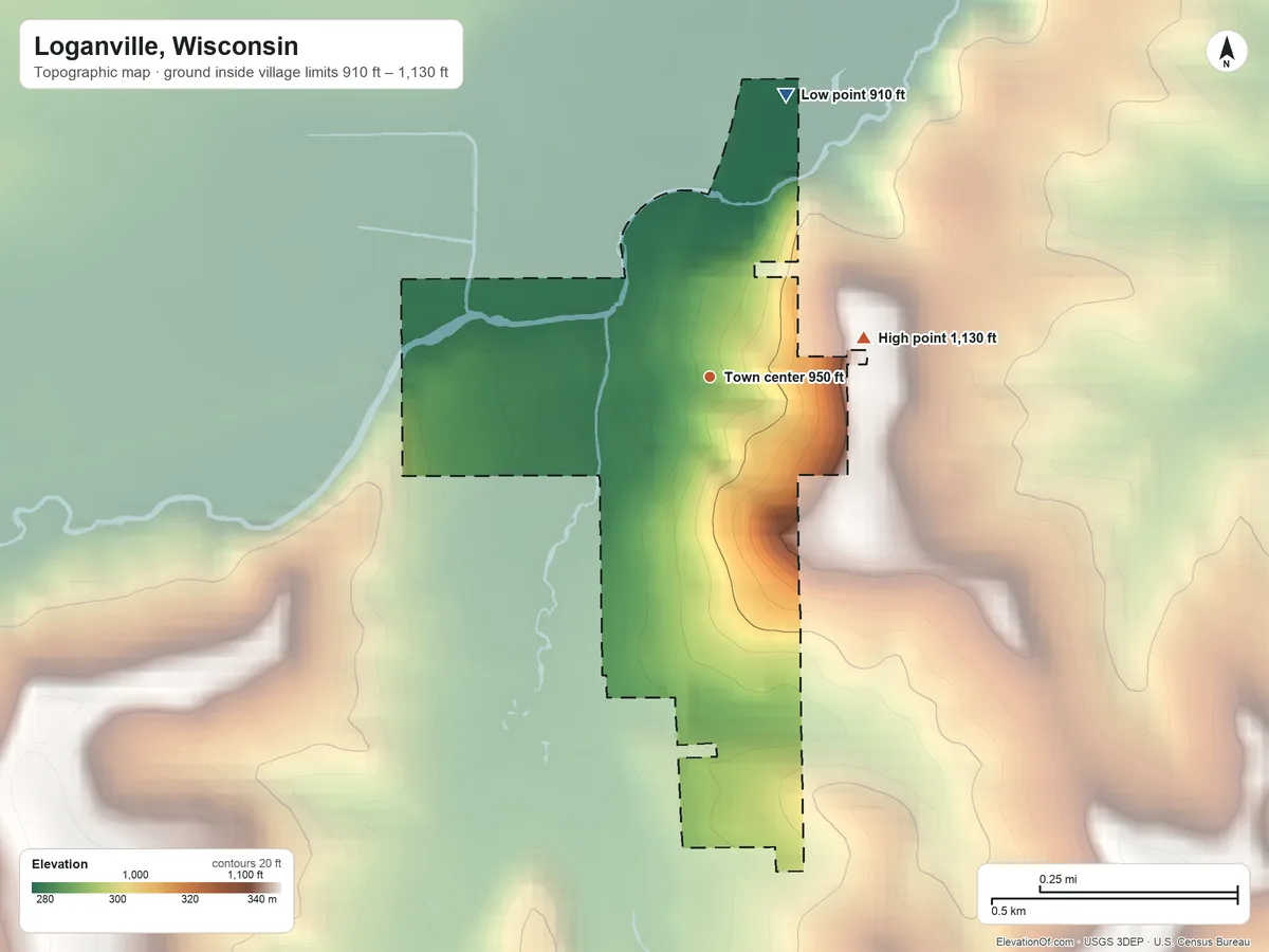 Topographic elevation map of Loganville, Wisconsin, shaded from 910 ft on the north side to 1,130 ft on the east side