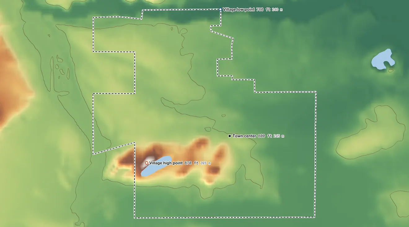 Topographic elevation map of Lohrville, Wisconsin, shaded from 780 ft on the north side to 870 ft on the west side