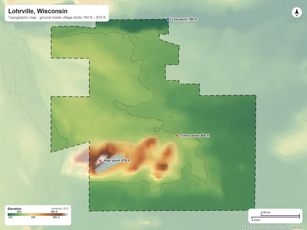 Topographic elevation map of Lohrville, Wisconsin, shaded from 780 ft on the north side to 870 ft on the west side