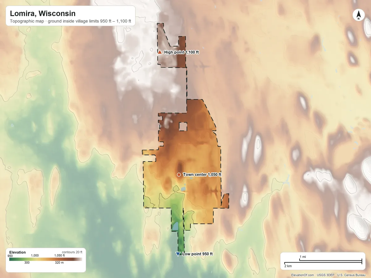 Topographic elevation map of Lomira, Wisconsin, shaded from 950 ft on the south side to 1,100 ft on the north side