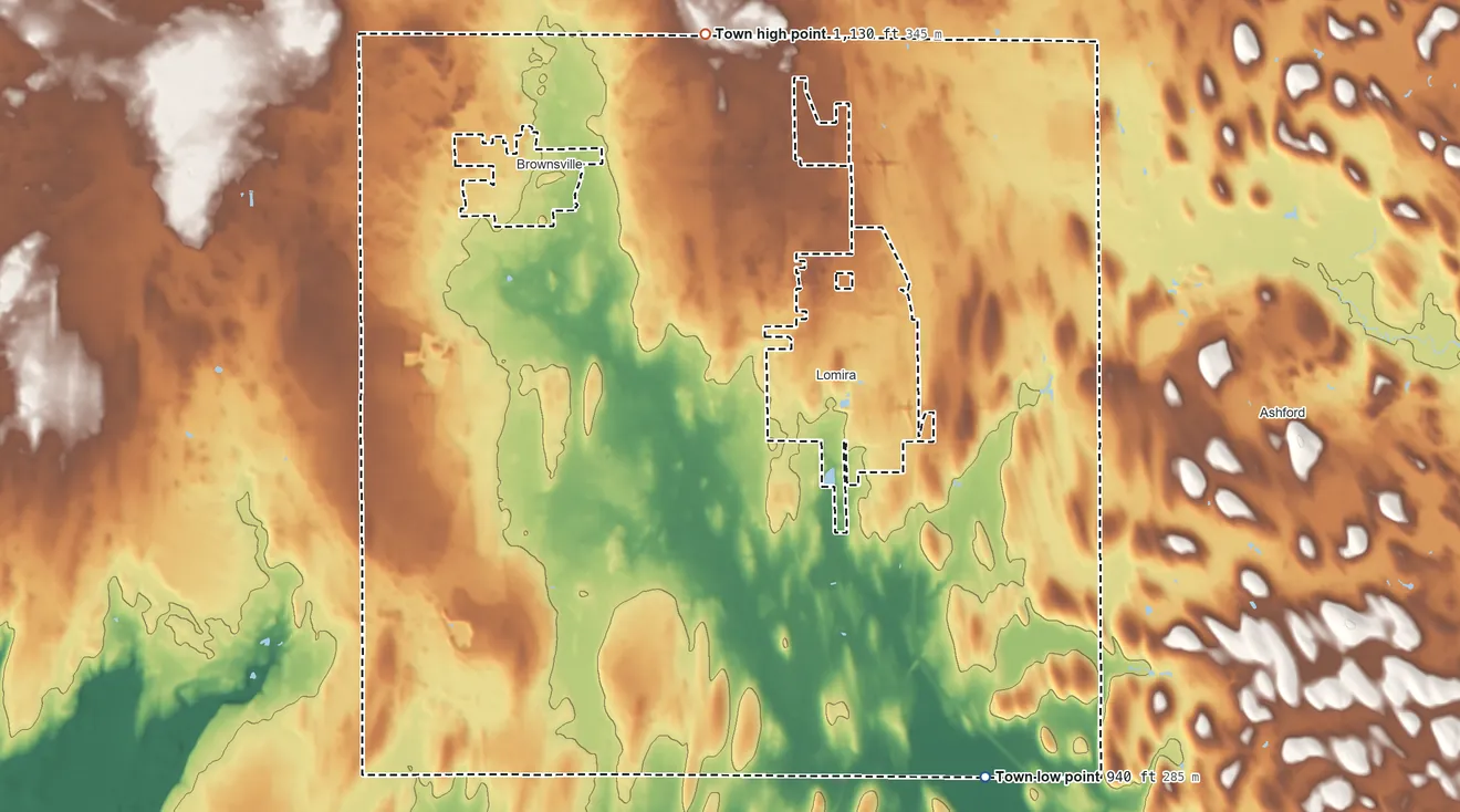 Topographic elevation map of Town of Lomira, Wisconsin, shaded from 940 ft on the southeast side to 1,130 ft on the north side