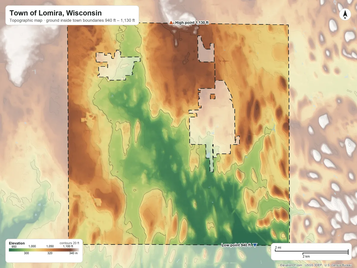Topographic elevation map of Town of Lomira, Wisconsin, shaded from 940 ft on the southeast side to 1,130 ft on the north side