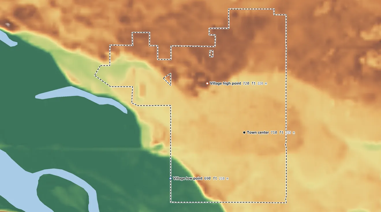 Topographic elevation map of Lone Rock, Wisconsin, shaded from 690 ft on the southwest side to 720 ft on the northwest edge, below higher ground just outside